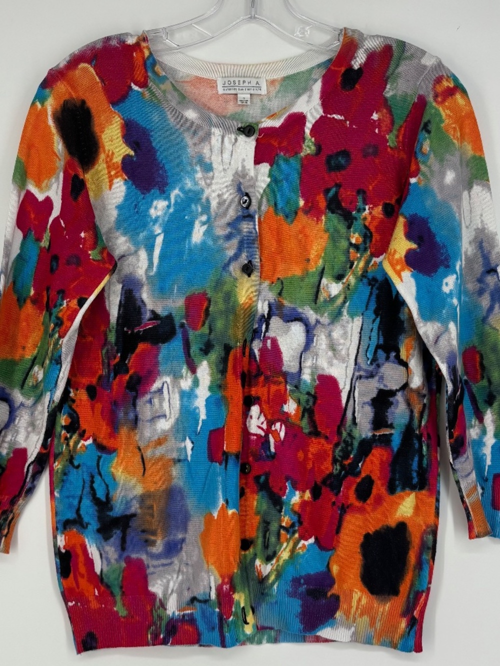 Joseph A. Womens Small Button Up Cardigan Sweater Bold Watercolor Floral 3/4 Slv